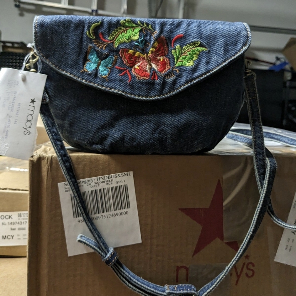 Macy's Denim Crossbody Bag with Floral Embroidery
